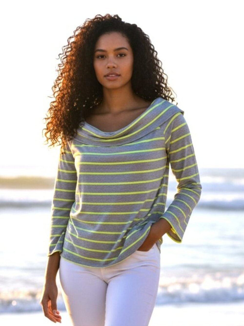 Banana Republic‎ Boatneck Boho Long Sleeve Gray & Yellow Striped Top Size Large